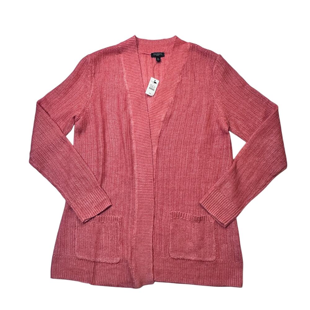 Talbots Petites Linen Cardigan PM | Women’s Open Front Pink Knit Sweater NWT